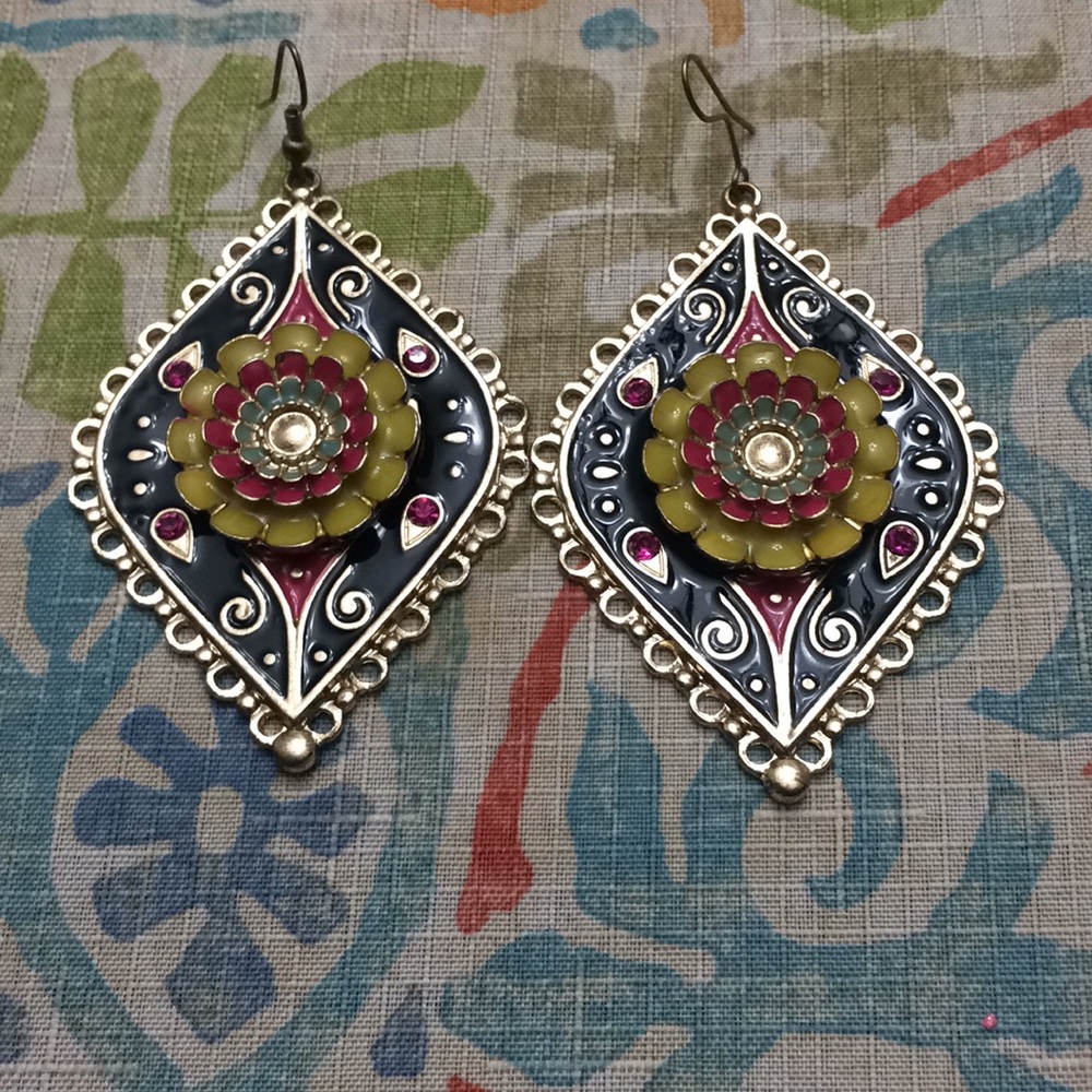 Gold enameled boho chic floral drop earrings